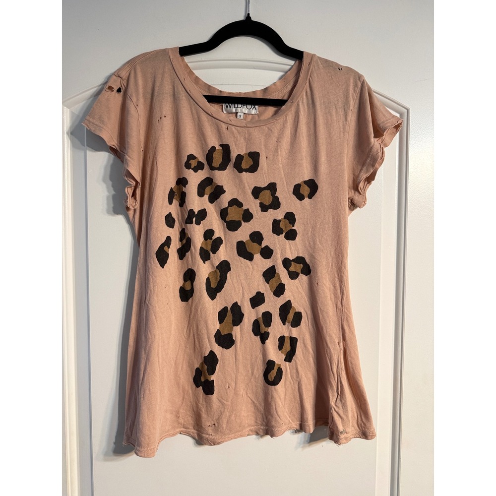 Wildfox Leopard Print Distressed Tee S Peach Short Sleeve Grunge Graphic Shirt